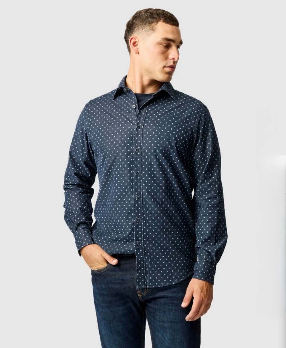 Rodd & Gunn Priestley Terrace Mens Shirt Size M Navy Geo Print Long Sleeve Sport